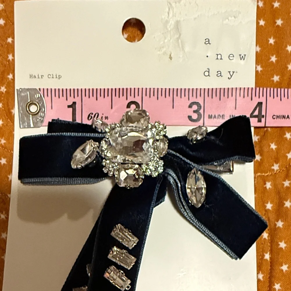 a new day Gold and Green Satin Bow Hair Clips with Rhinestone Accents